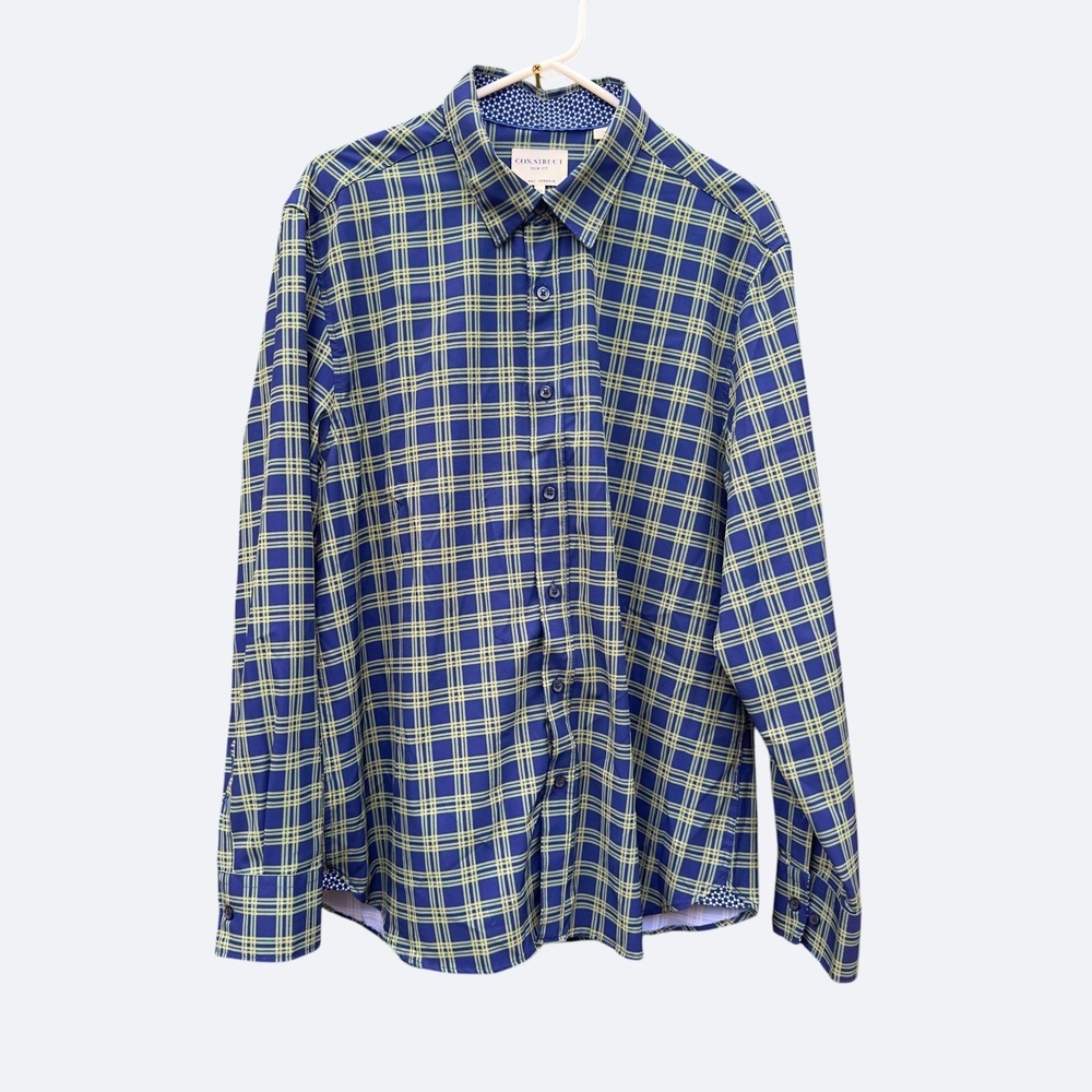 CON.STRUCT Mens Shirt XL Slim Fit Blue Green Plaid 4 Way Stretch Button Up